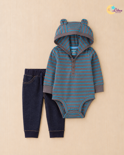 🐻 Original Carter’s Baby Boy 2-Piece Long-Sleeve Bodysuit & Pant Set – Hooded Henley Bear Ears