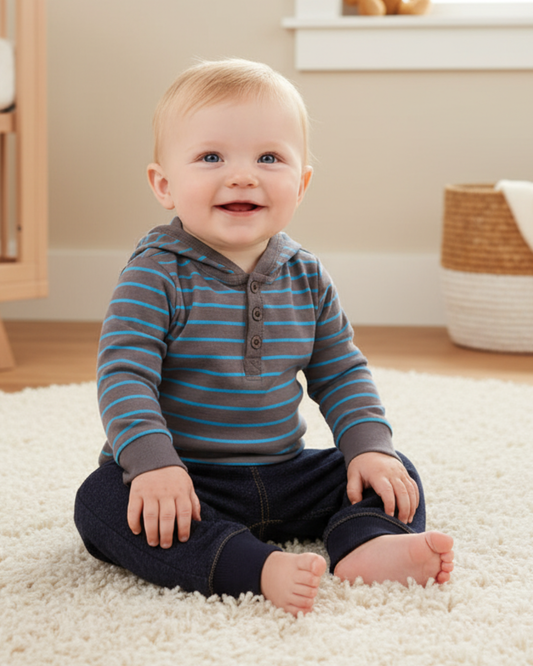 🐻 Carter’s Baby Boy 2-Piece "Little Bear" Striped Set – Grey & Electric Blue