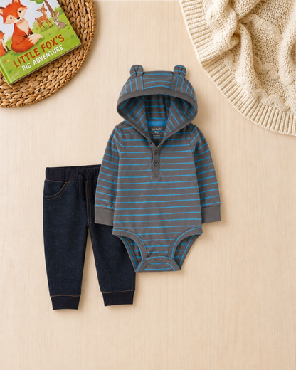 🐻Original Carter’s Baby Boy 2-Piece Hooded Bear Henley Set – Charcoal & Denim Blue