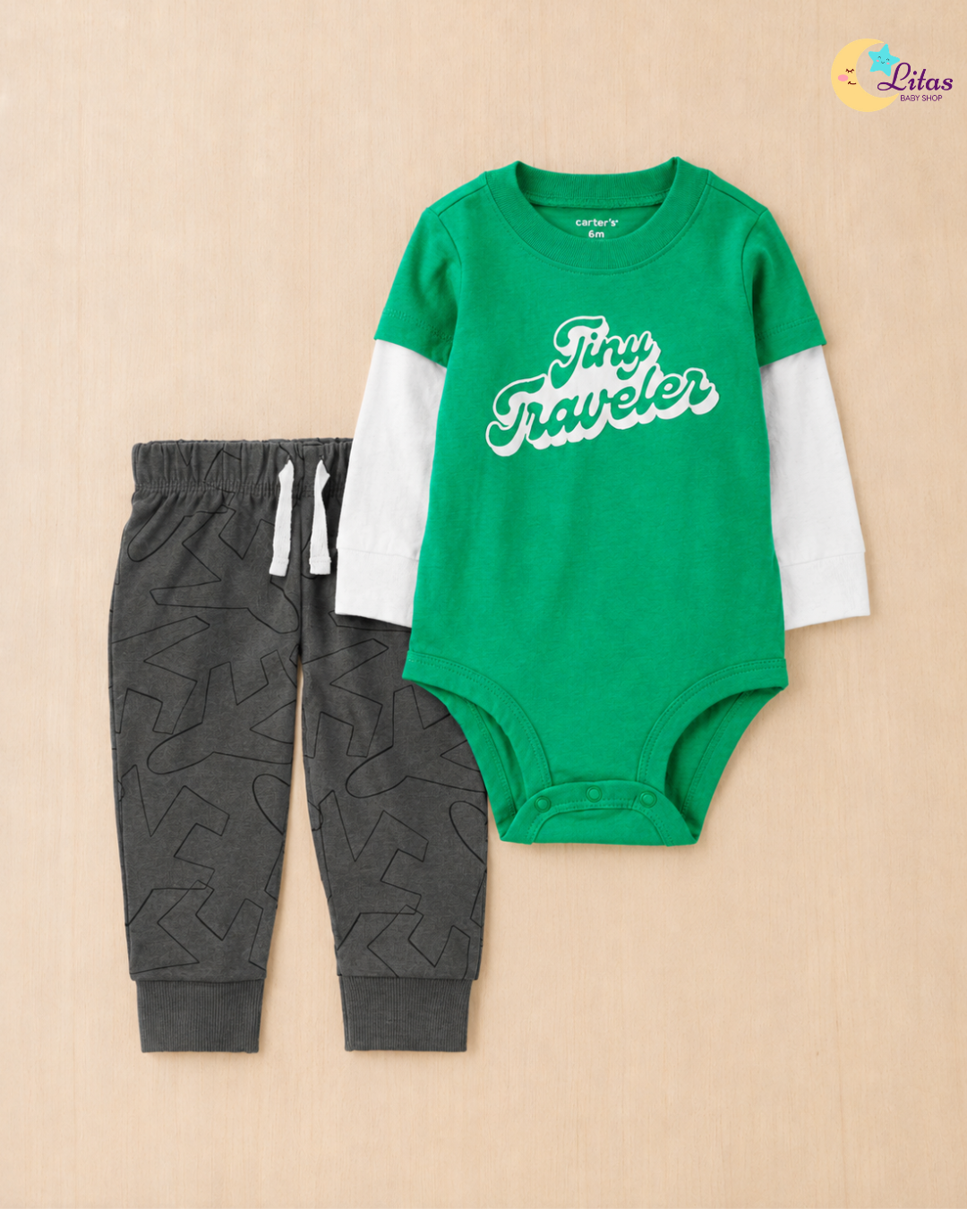 ✈️ Original Carter’s Baby Boy 2-Piece Long-Sleeve Bodysuit & Pant Set – Tiny Traveler