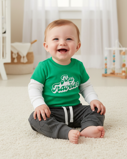 ✈️ Carter’s Baby Boy 2-Piece "Tiny Traveler" Layered Set – Kelly Green & Slate Grey