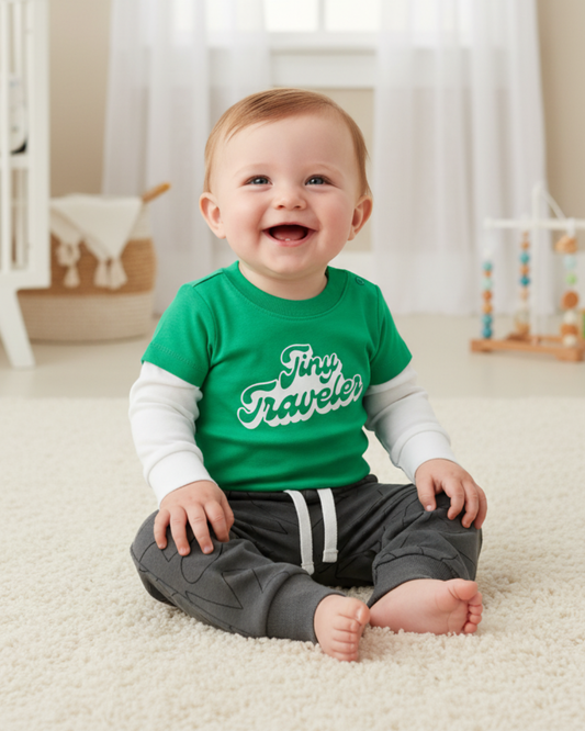 ✈️ Carter’s Baby Boy 2-Piece "Tiny Traveler" Layered Set – Kelly Green & Slate Grey