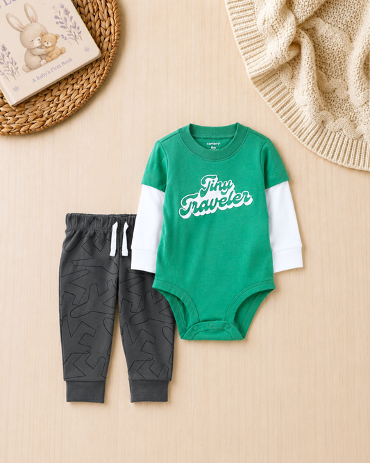 ✈️Original Carter’s Baby Boy 2-Piece "Tiny Traveler" Layered Set – Kelly Green & Slate Grey