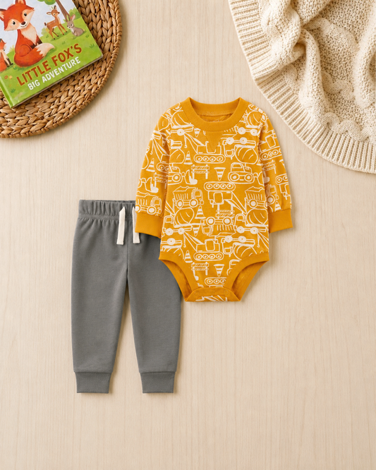 🚧Original Carter’s Baby Boy 2-Piece "Little Builder" Set – Mustard & Charcoal