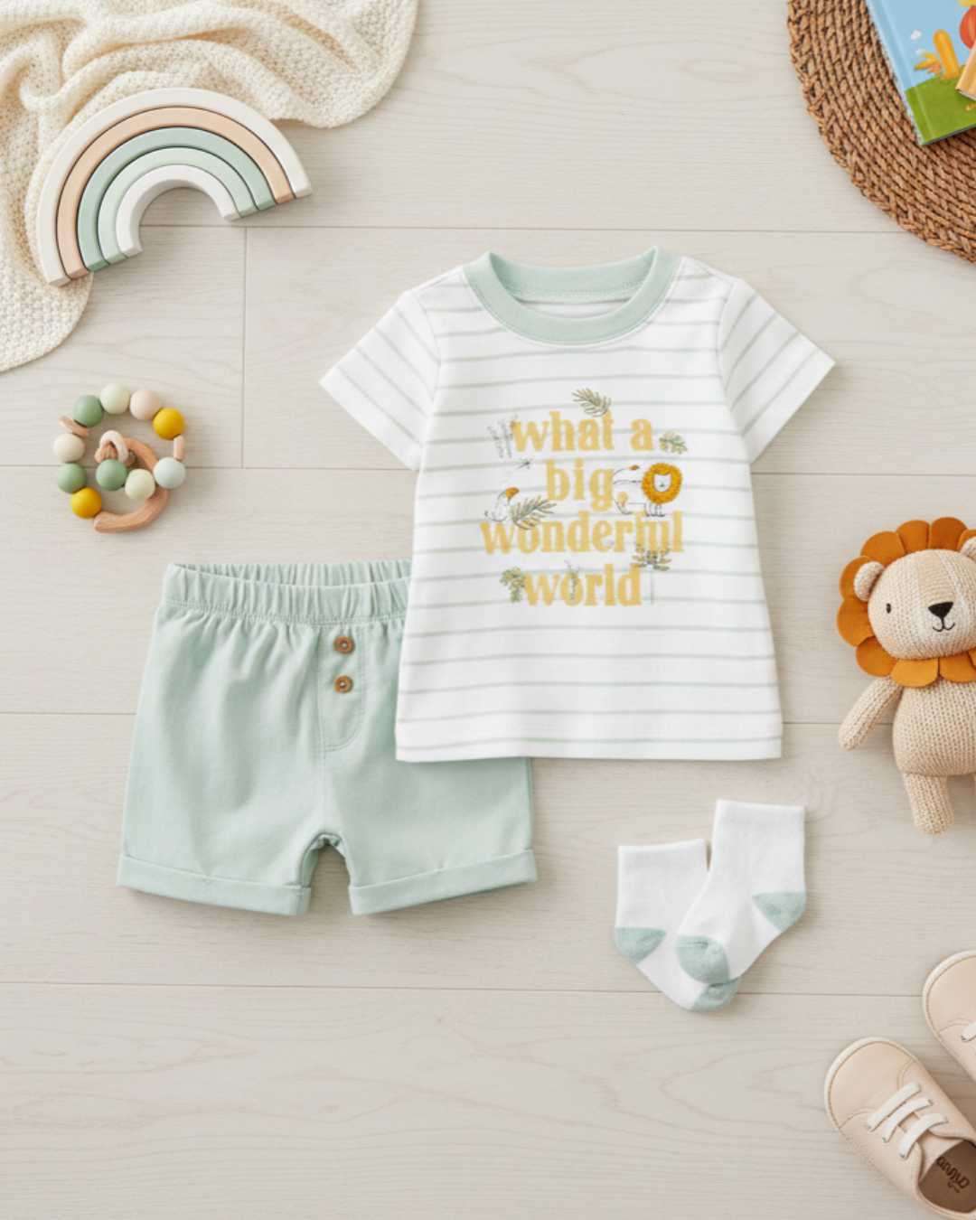 🦁 Carter’s Baby Boy 3-Piece "Wonderful World" Summer Set – Sage & Stripes