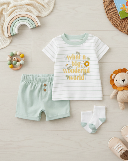 🦁 Carter’s Baby Boy 3-Piece "Wonderful World" Summer Set – Sage & Stripes