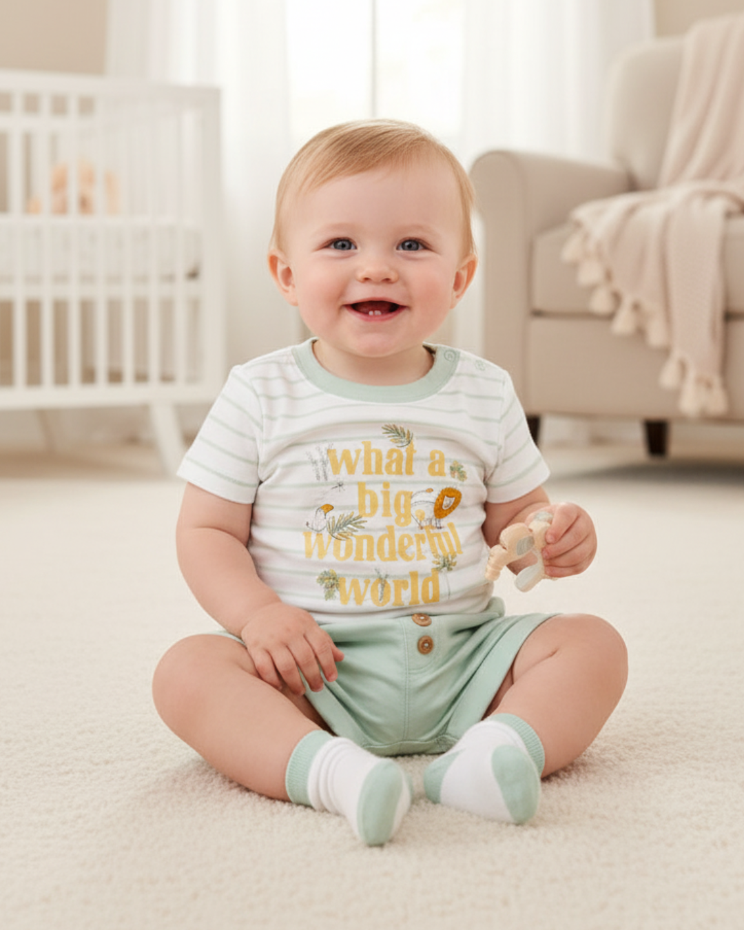 🦁 Carter’s Baby Boy 3-Piece "Wonderful World" Summer Set – Sage & Stripes