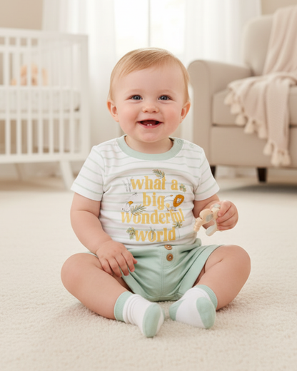 🦁 Carter’s Baby Boy 3-Piece "Wonderful World" Summer Set – Sage & Stripes