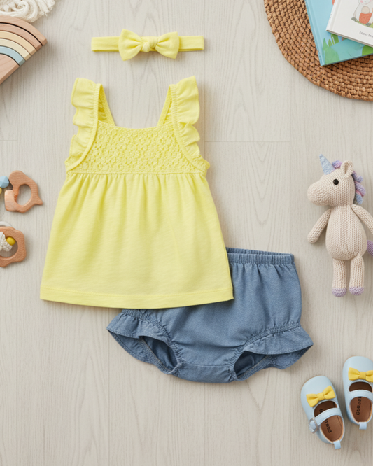 ☀️ Carter’s Baby Girl 3-Piece "Sunshine & Lace" Set – Lemon Yellow & Denim