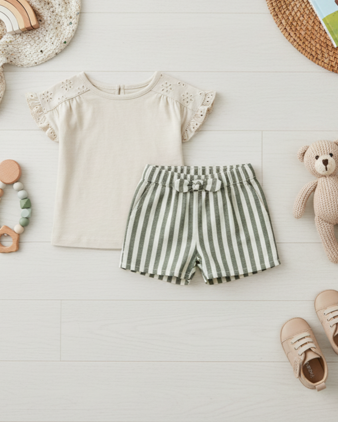 🌿 Carter’s Baby Girl 2-Piece "Natural Elegance" Set – Linen & Olive Stripes