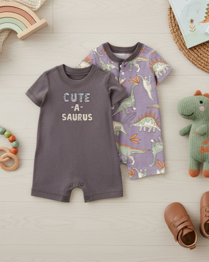 🦖 Carter’s Baby Boy 2-Piece Romper Set – "Cute-A-Saurus" & Dino Print