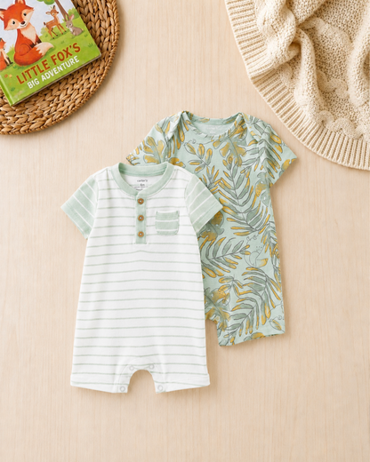 🌿Original Carter’s Baby Boy 2-Piece Romper Set – Tropical Leaf & Striped Henley