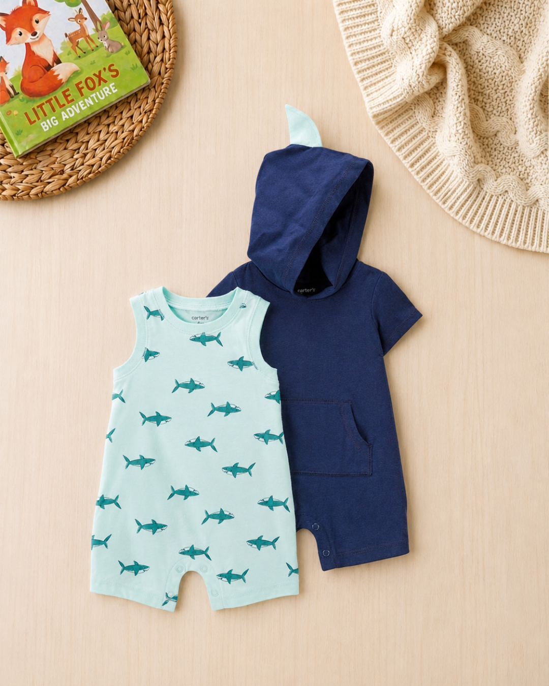 🦈Original Carter’s Baby Boy 2-Piece Shark Romper Set – Hooded & Sleeveless