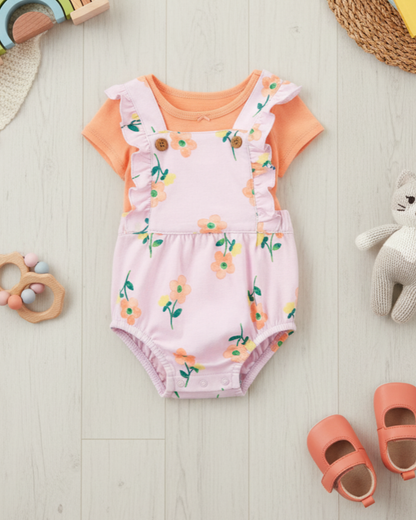 🌸 Carter’s Baby Girl 2-Piece "Floral Garden" Overall Set – Peach & Pink