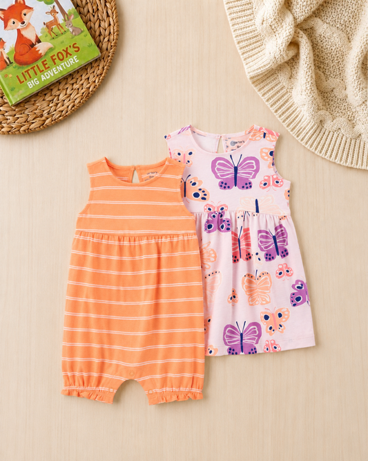 🦋Original Carter’s Baby Girl 2-Piece Multi-Style Set – Orange Striped Romper & Butterfly Dress