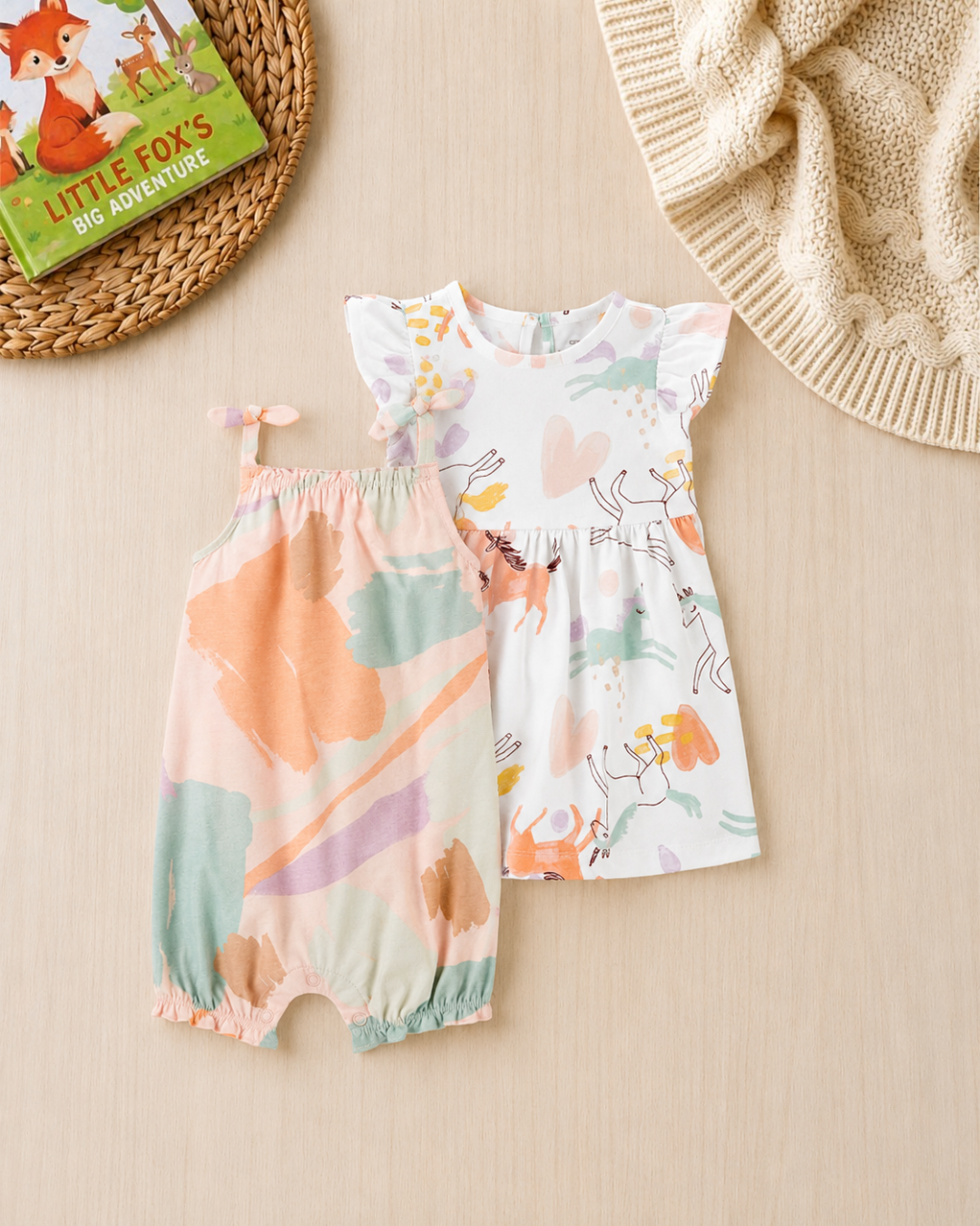 🦄Original Carter’s Baby Girl 2-Piece Multi-Style Set – Abstract Romper & Unicorn Dress