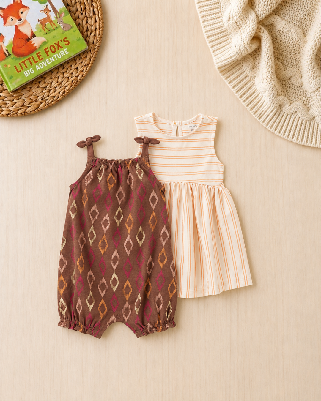 ✨Original Carter’s Baby Girl 2-Piece Multi-Style Set – Geometric Romper & Striped Dress