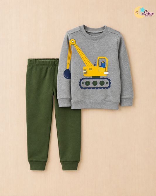 🏗️ Original Carter’s Baby Boy 2-Piece Long-Sleeve Sweatshirt & Pant Set – Cat Crane