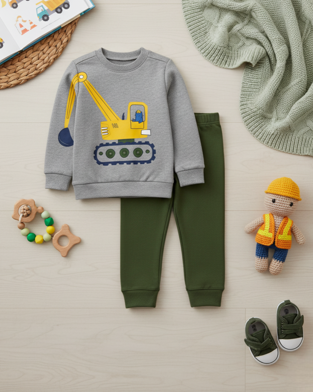 🏗️ Carter’s Baby Boy 2-Piece "Little Builder" Set – Heather Grey & Olive