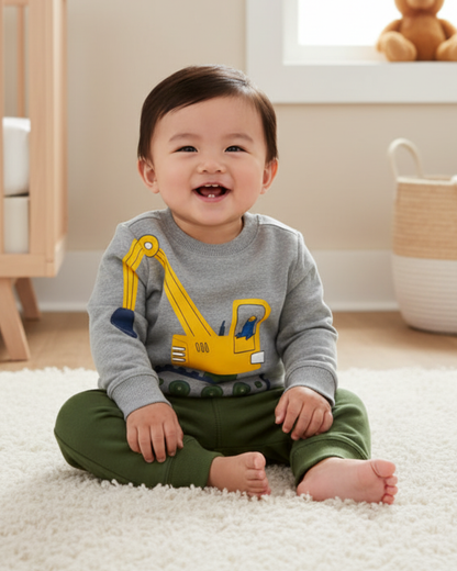 🏗️ Carter’s Baby Boy 2-Piece "Little Builder" Set – Heather Grey & Olive