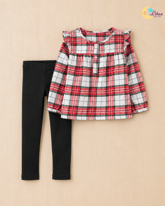 🎀 Original Carter’s Baby Girl 2-Piece Long-Sleeve Top & Pant Set – Tartan Plaid Ruffle