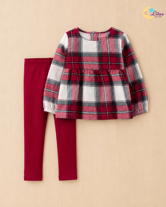 🍁 Original Carter’s Baby Girl 2-Piece Long-Sleeve Peplum Top & Pant Set – Cranberry Plaid