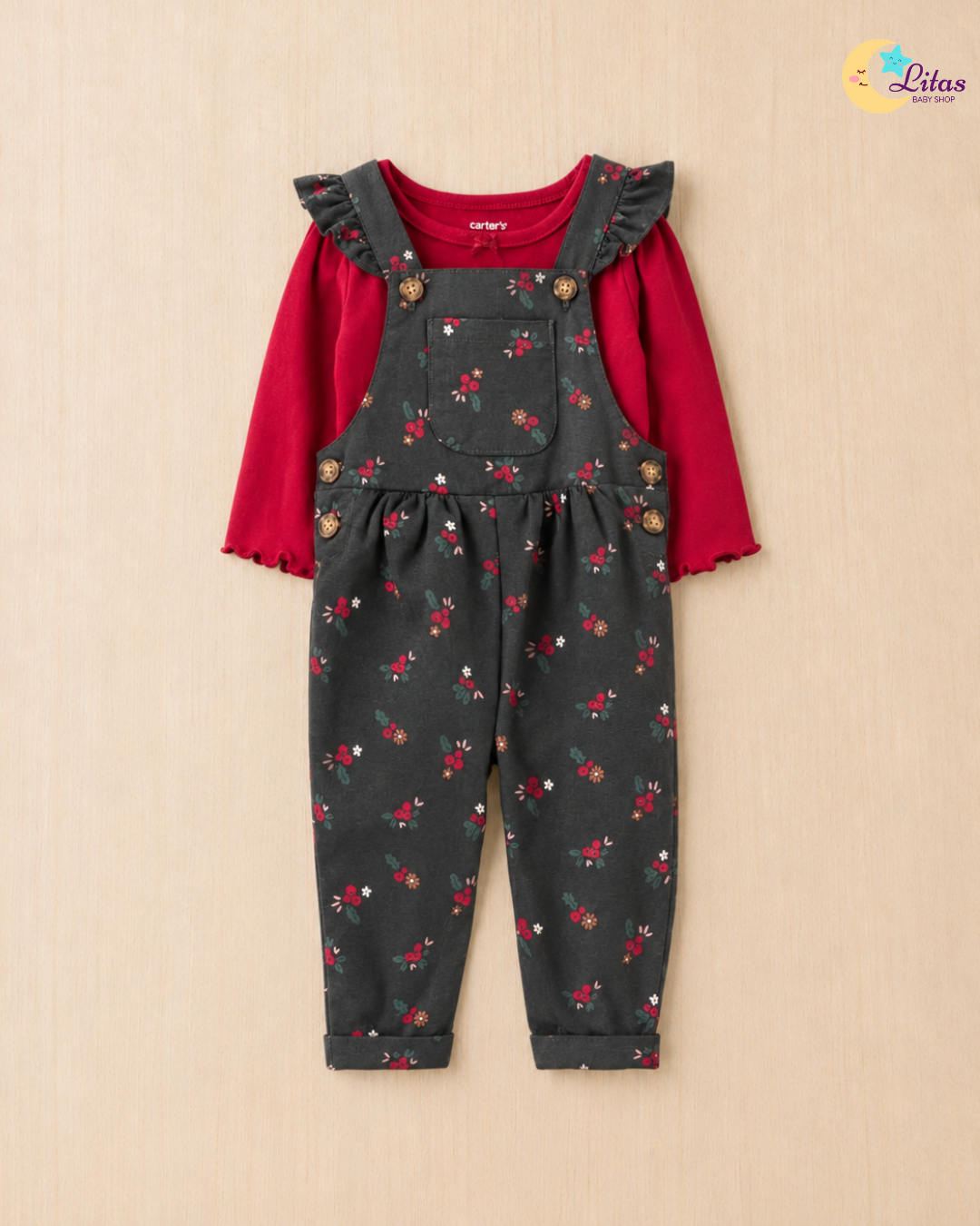 🍒 Original Carter’s Baby Girl 2-Piece Long-Sleeve Bodysuit & Floral Overalls Set – Berry Floral