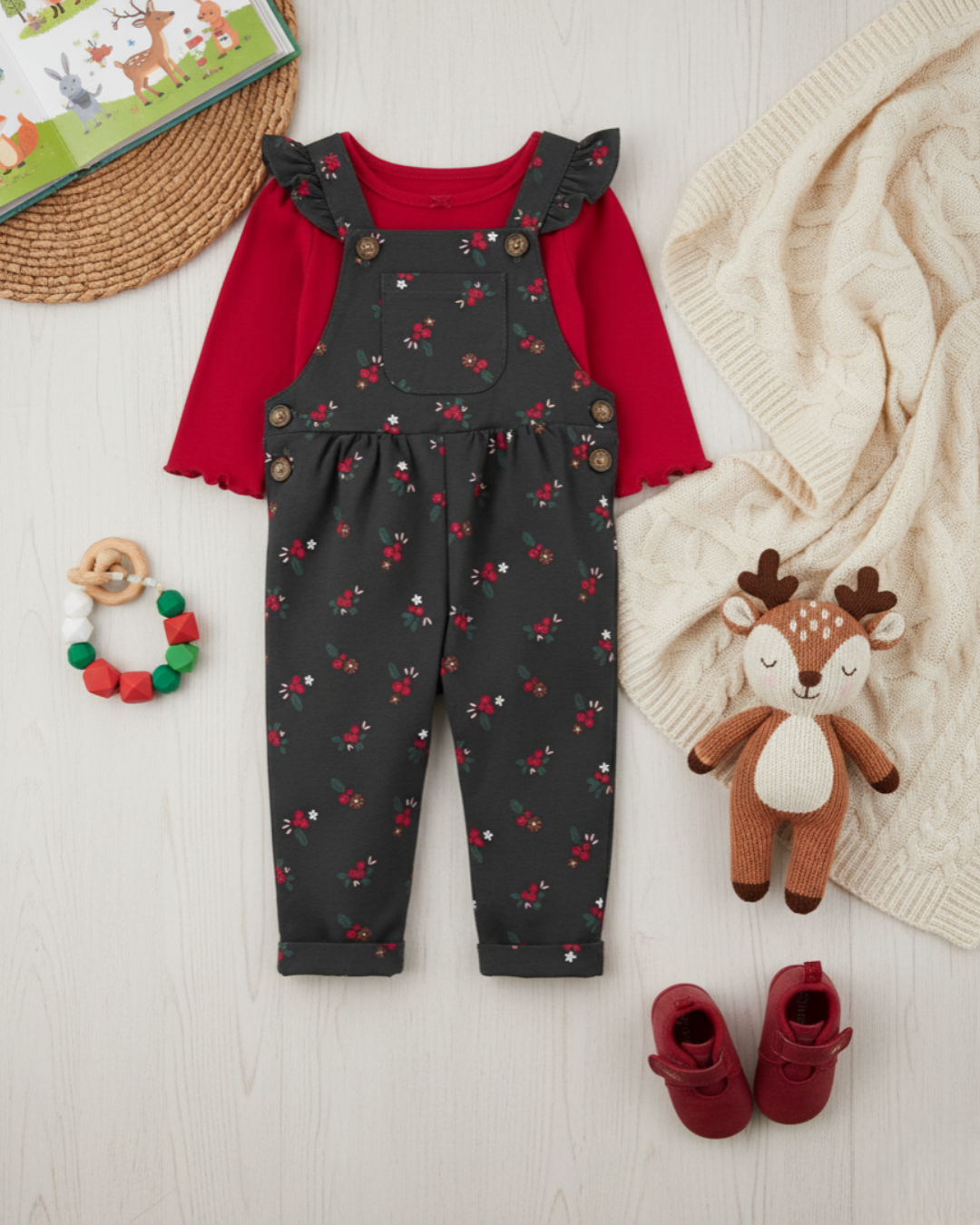 🍒 Carter’s Baby Girl 2-Piece "Berry Sweet" Overall Set – Charcoal & Crimson
