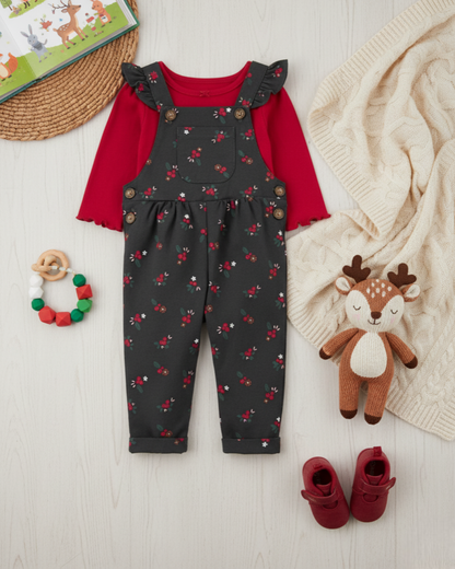 🍒 Carter’s Baby Girl 2-Piece "Berry Sweet" Overall Set – Charcoal & Crimson