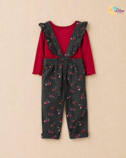 🍒 Original Carter’s Baby Girl 2-Piece Long-Sleeve Bodysuit & Floral Overalls Set – Berry Floral