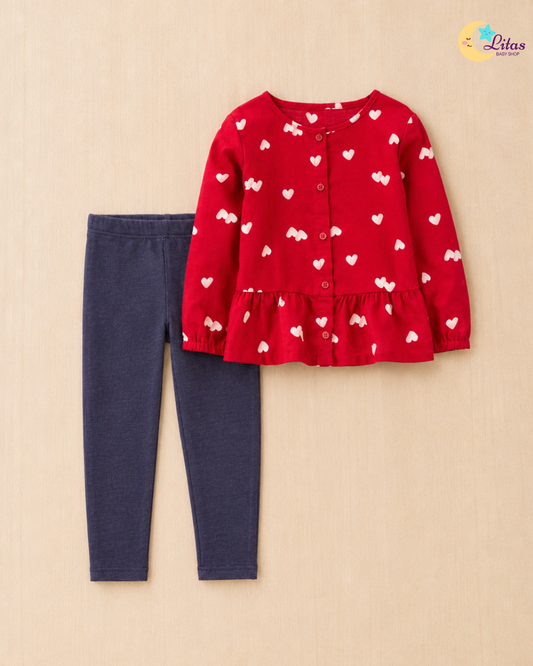 ❤️ Original Carter’s Baby Girl 2-Piece Long-Sleeve Button-Front Top & Pant Set – Heart Peplum