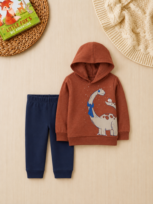 🦕 Carter’s Baby Boy 2-Piece "Winter Dino" Hoodie Set – Rust & Navy Blue