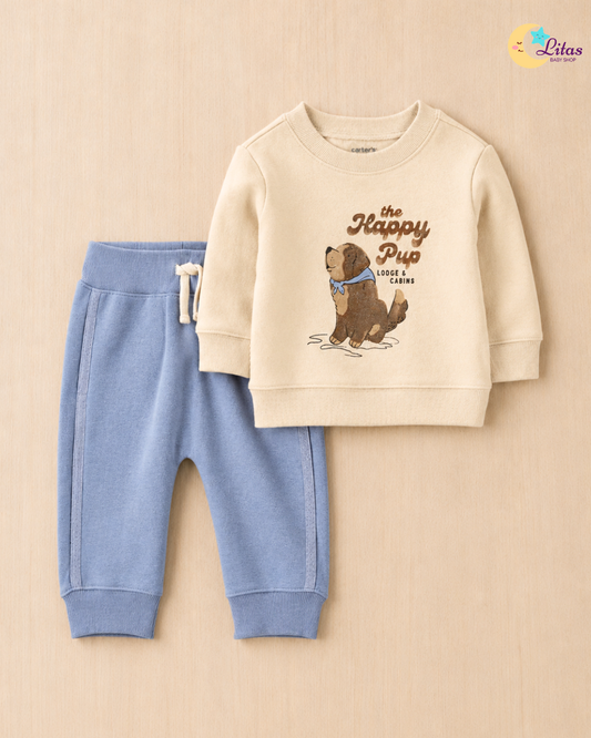🐶 Original Carter’s Baby Boy 2-Piece Long-Sleeve Sweatshirt & Pant Set – Happy Pup Lodge