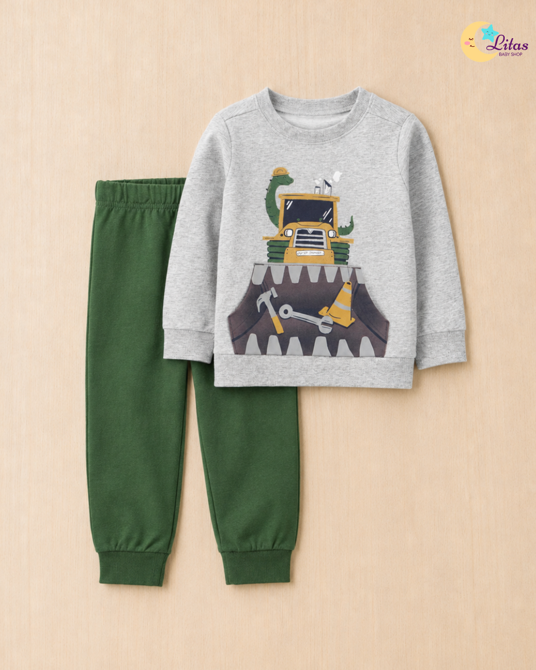 🦖Original Carters Baby Boy 2-Piece Sweatshirt & Jogger Pant Set Dino Bulldozer