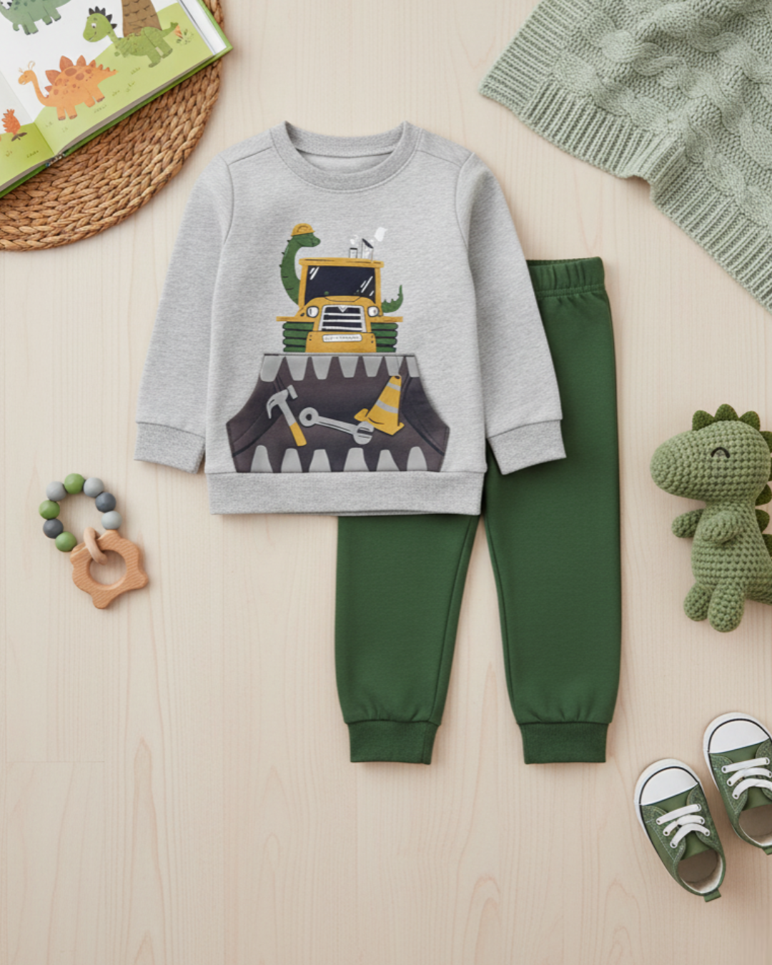 🦖 Carter’s Baby Boy 2-Piece "Dino Construction" Set – Heather Grey & Forest Green