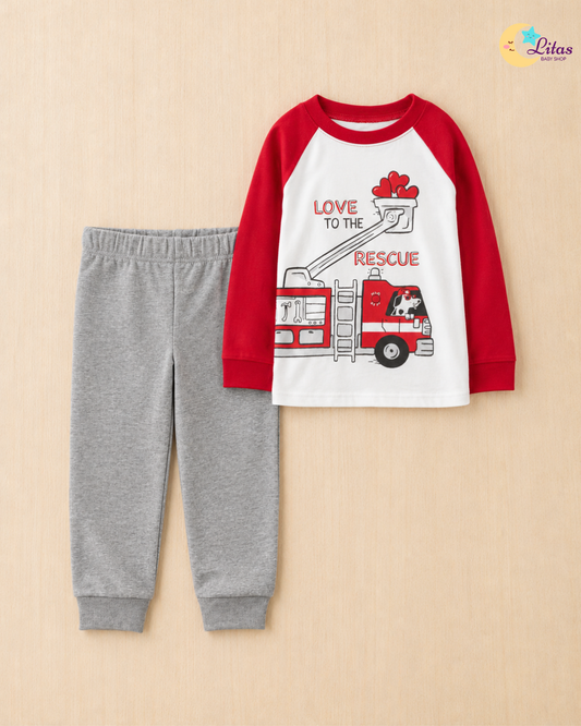 🚒 Original Carter’s Baby Boy 2-Piece Long-Sleeve Raglan Tee & Pant Set – Love to the Rescue
