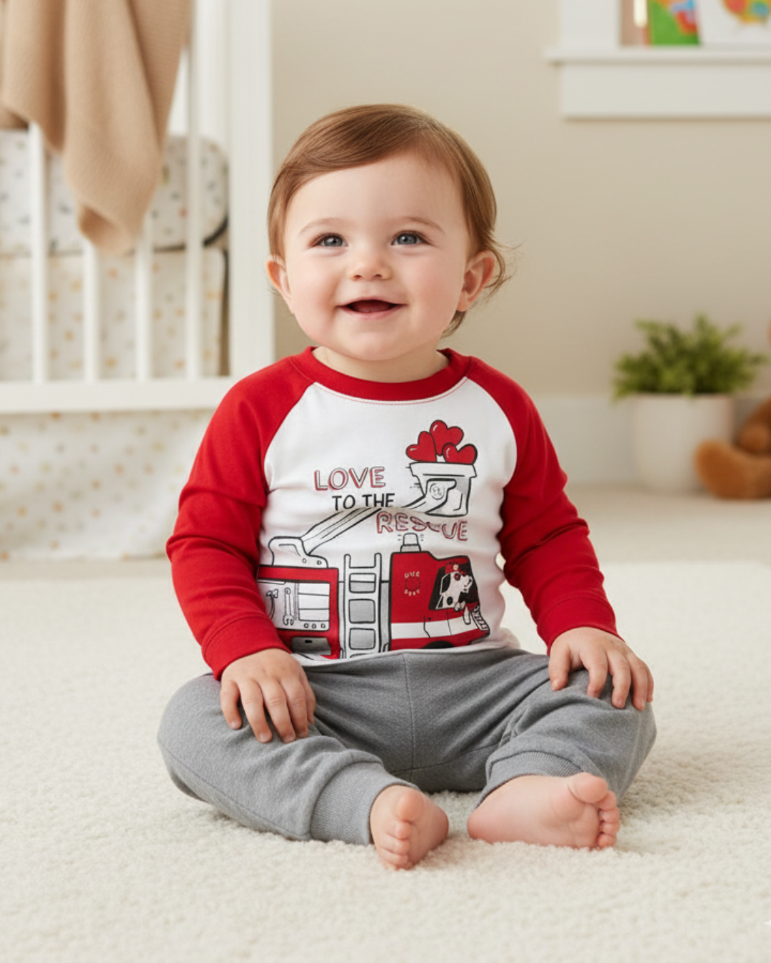 🚒 Carter’s Baby Boy 2-Piece "Love to the Rescue" Set – Red & Heather Grey