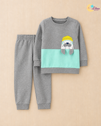🦦Original Carter’s Baby Boy 2-Piece Long-Sleeve Sweatshirt & Pant Set – Walrus Grey & Mint
