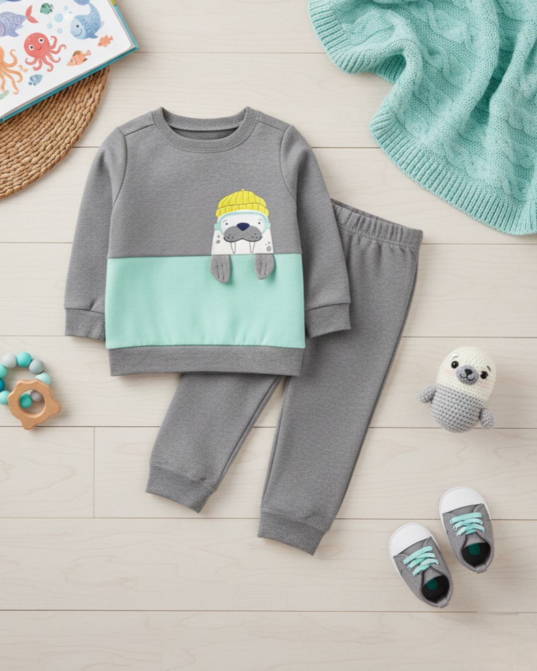 🦦 Carter’s Baby Boy 2-Piece "Little Walrus" Fleece Set – Heather Grey & Mint