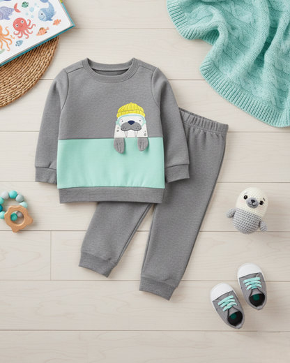 🦦 Carter’s Baby Boy 2-Piece "Little Walrus" Fleece Set – Heather Grey & Mint