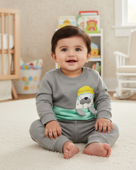 🦦 Carter’s Baby Boy 2-Piece "Little Walrus" Fleece Set – Heather Grey & Mint