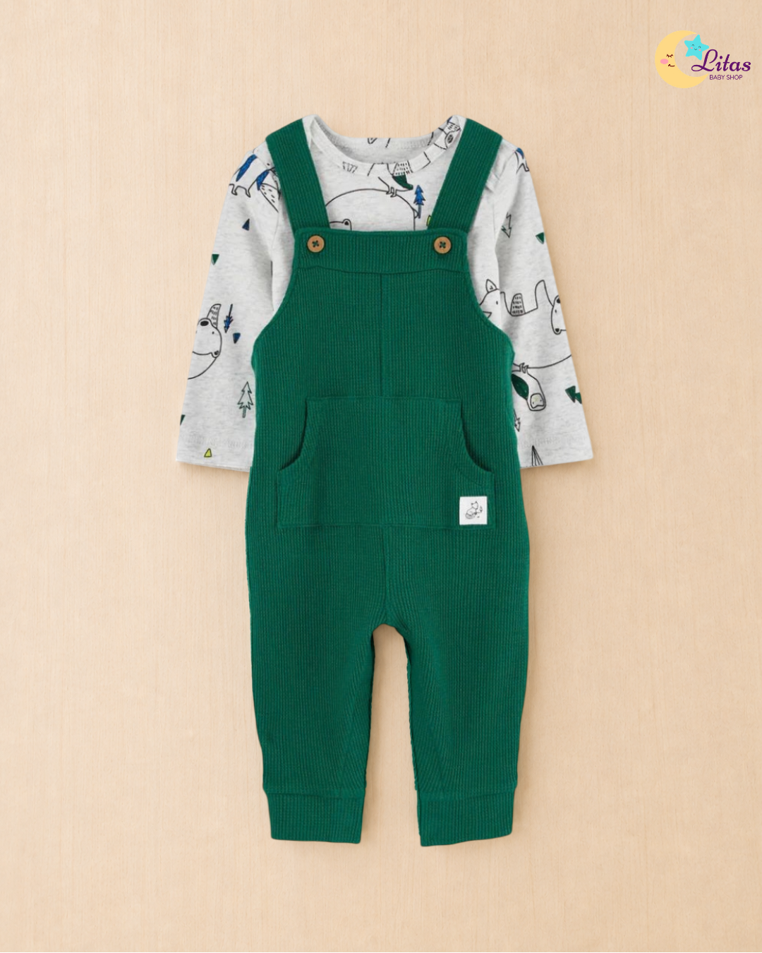 🐻 Original Carter’s 2-Piece Long-Sleeve Bodysuit & Overalls Set – Green Bear & Forest