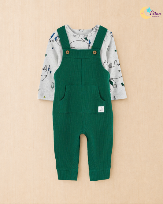 🐻 Original Carter’s 2-Piece Long-Sleeve Bodysuit & Overalls Set – Green Bear & Forest