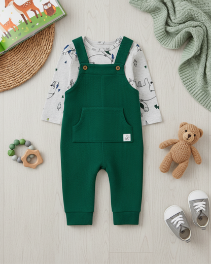 🌲 Carter’s Baby Boy 2-Piece Waffle Knit Overall Set – Forest Green & Heather Grey