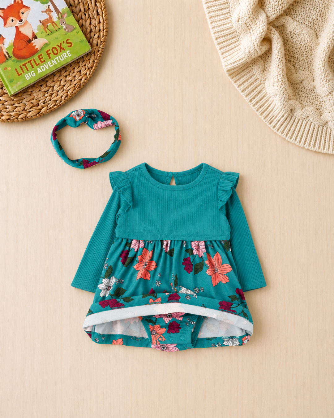 🌸 Original Carter’s Baby Girl 2-Piece Ribbed Floral Dress & Headband Set – Teal Garden