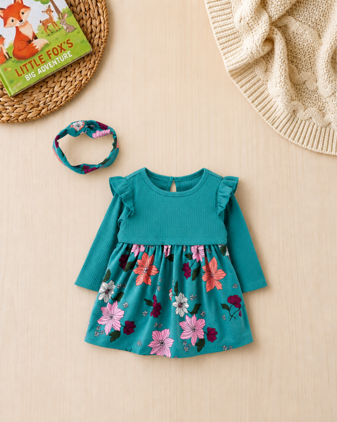 🌸 Original Carter’s Baby Girl 2-Piece Ribbed Floral Dress & Headband Set – Teal Garden