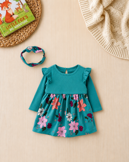 🌸 Original Carter’s Baby Girl 2-Piece Ribbed Floral Dress & Headband Set – Teal Garden