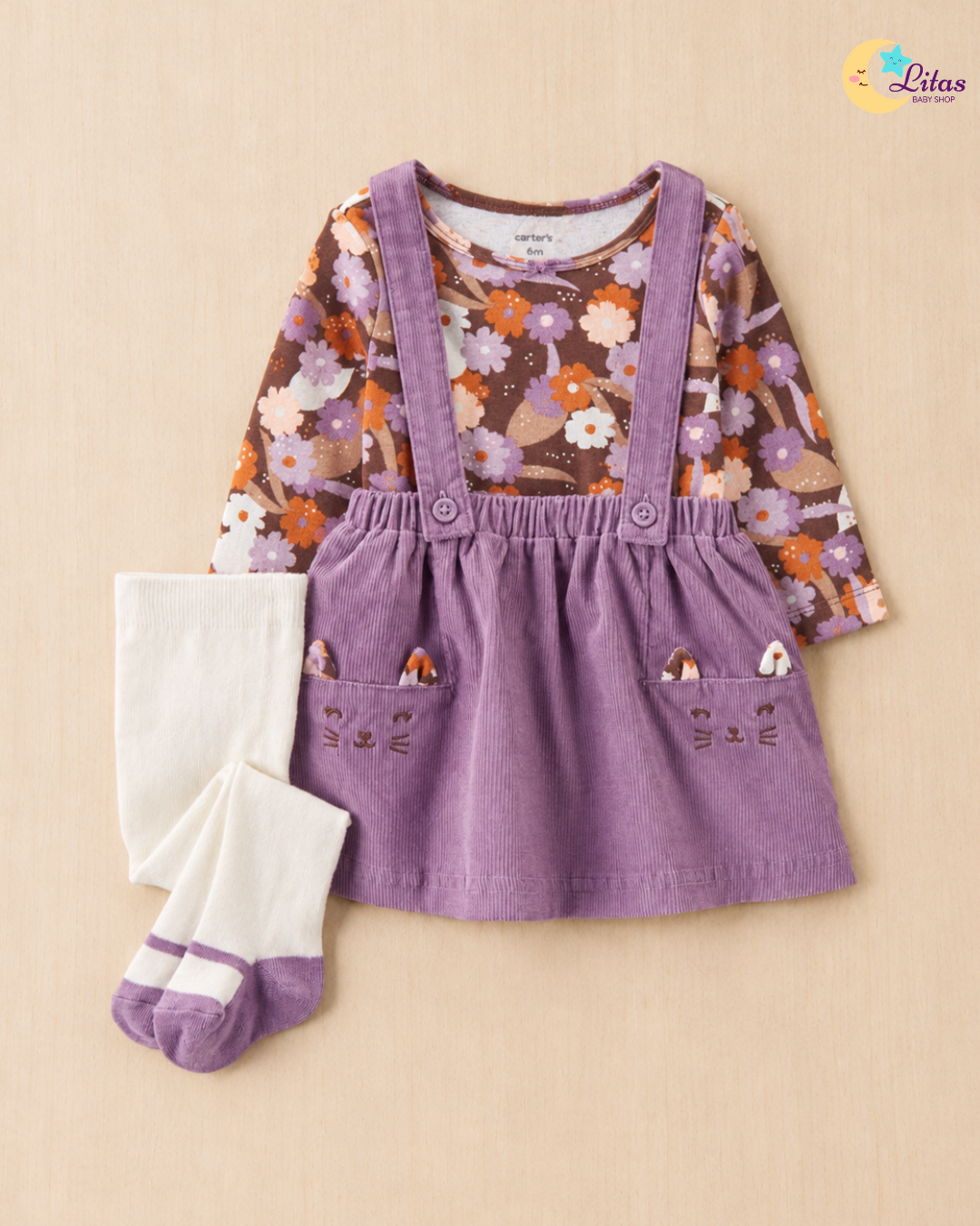 🐱Original Carter’s Baby Girl 3-Piece Dress Set with Tights – Kitty Floral