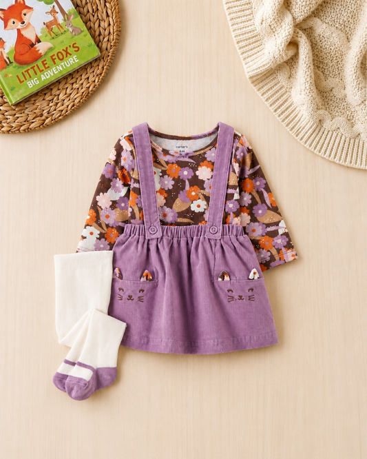 🐱Original Carter’s Baby Girl 3-Piece Floral & Kitty Corduroy Dress Set – Purple Magic