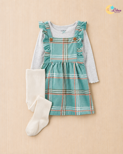 👗 Original Carter’s Baby Girl 3-Piece Dress Set with Tights – Teal Plaid